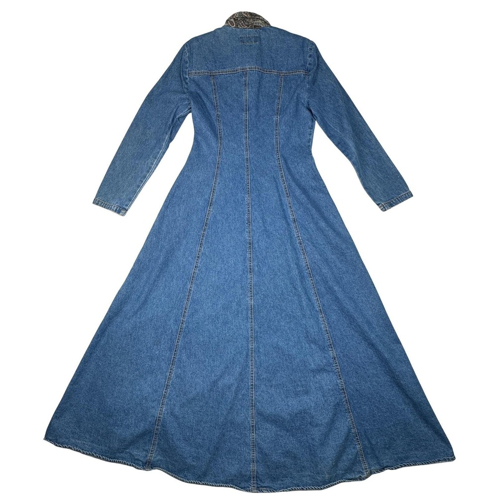 Vintage Paris Blues Denim‎ Maxi Dress Paisley Trim Western Button Front USA  7 - Picture 13 of 14
